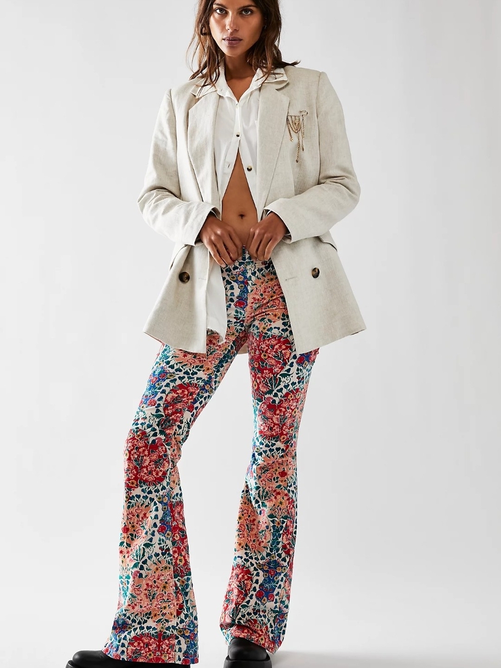 We The Free Floral Stretch Flare Pants Multi Flares Pull On 28 Boho Cottagecore